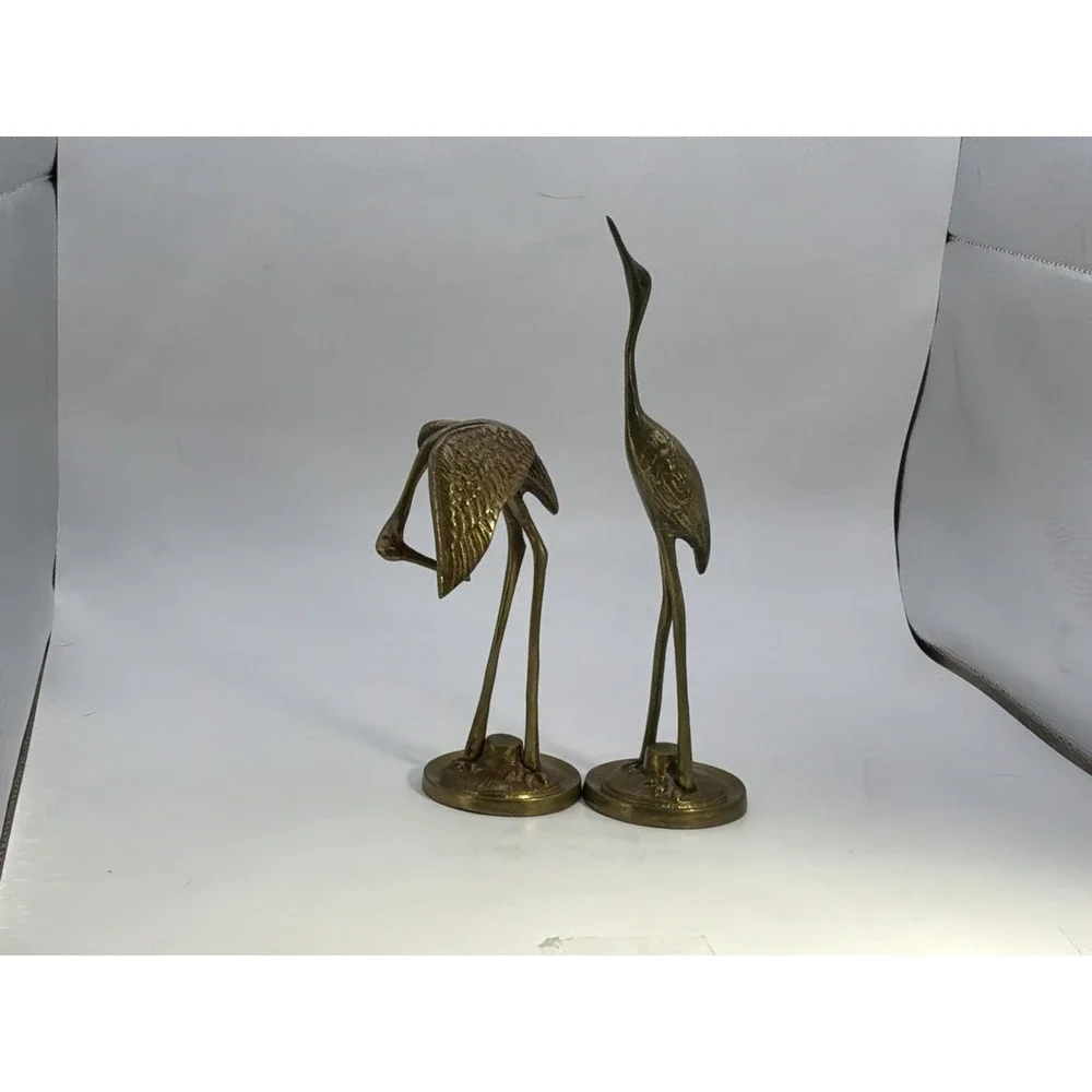 Vintage MCM Brass Bird Pair of 2 Crane Heron Egret Large Figurines 8.5 In 5 In